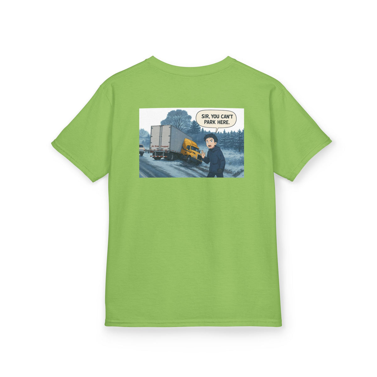 Red kids heavy cotton tee featuring a humorous truck parking design, perfect for young adventurers, by Printify.