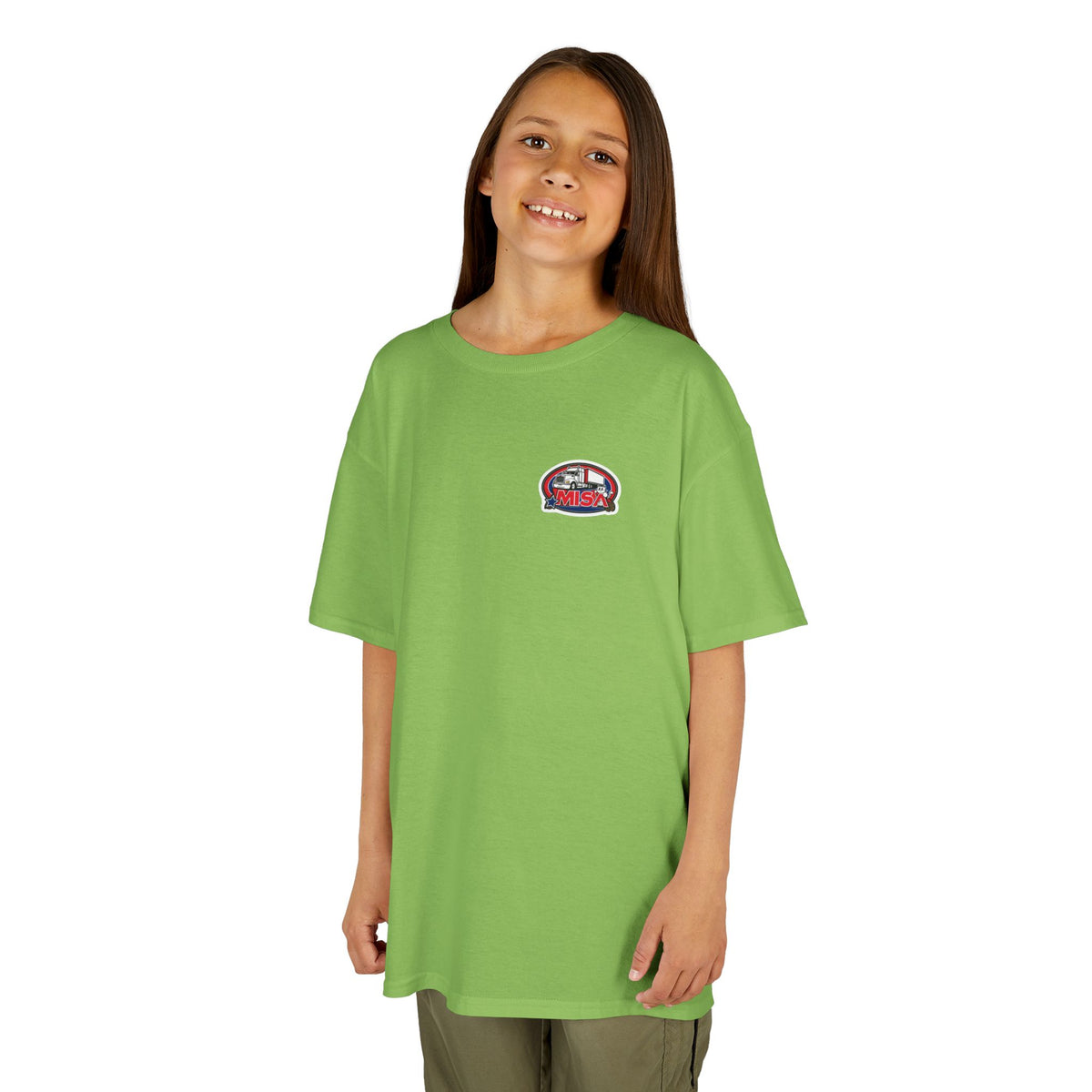 Red kids' heavy cotton truck parking tee by Printify, featuring a humorous truck design for young adventurers.