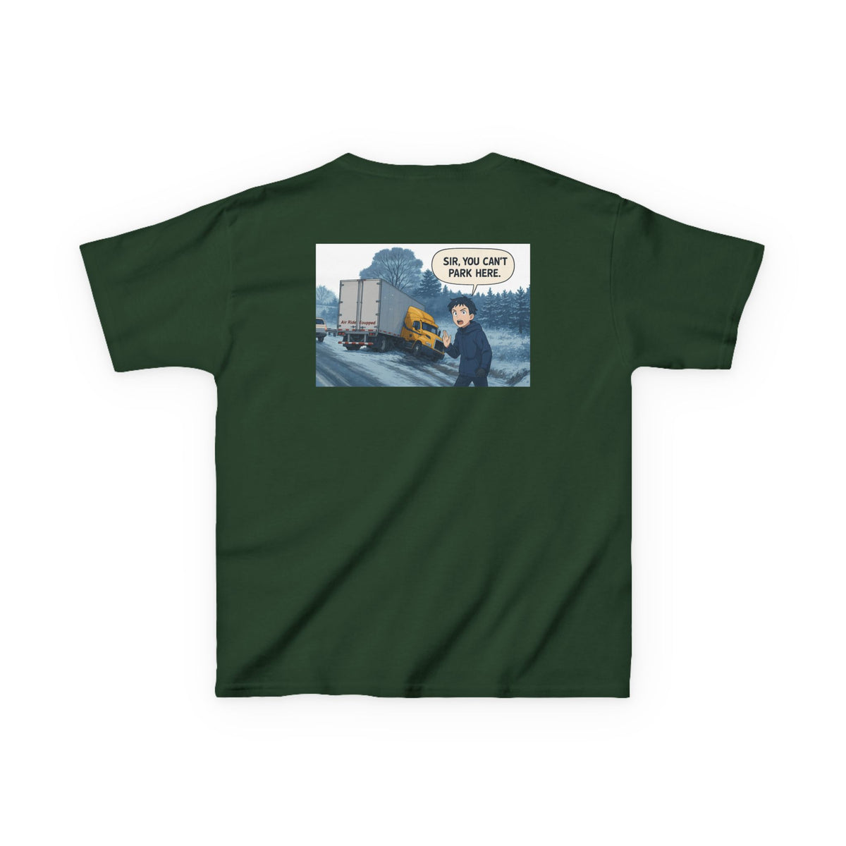 Kids heavy cotton tee from Printify featuring a humorous truck parking design, perfect for young adventurers, shown in red.