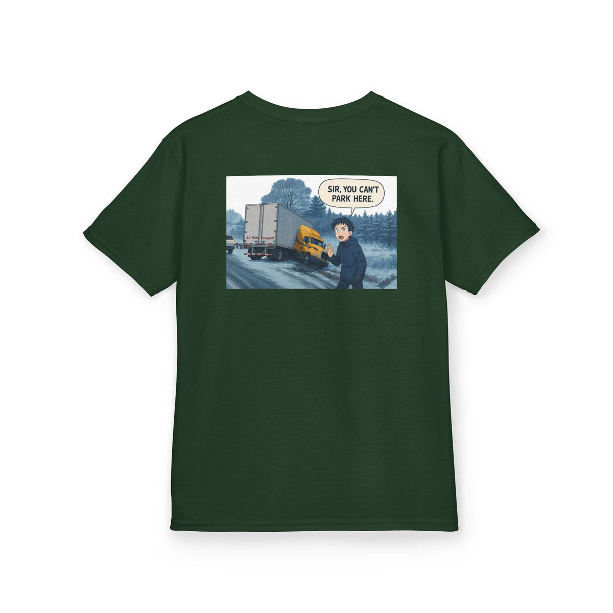 Red kids heavy cotton tee with humorous truck parking graphic, perfect for young adventurers, by Printify.