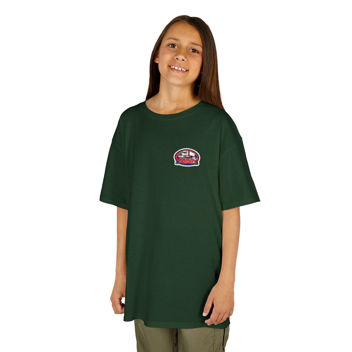 Red kids heavy cotton T-shirt featuring humorous truck parking design, perfect for young adventurers, by Printify.