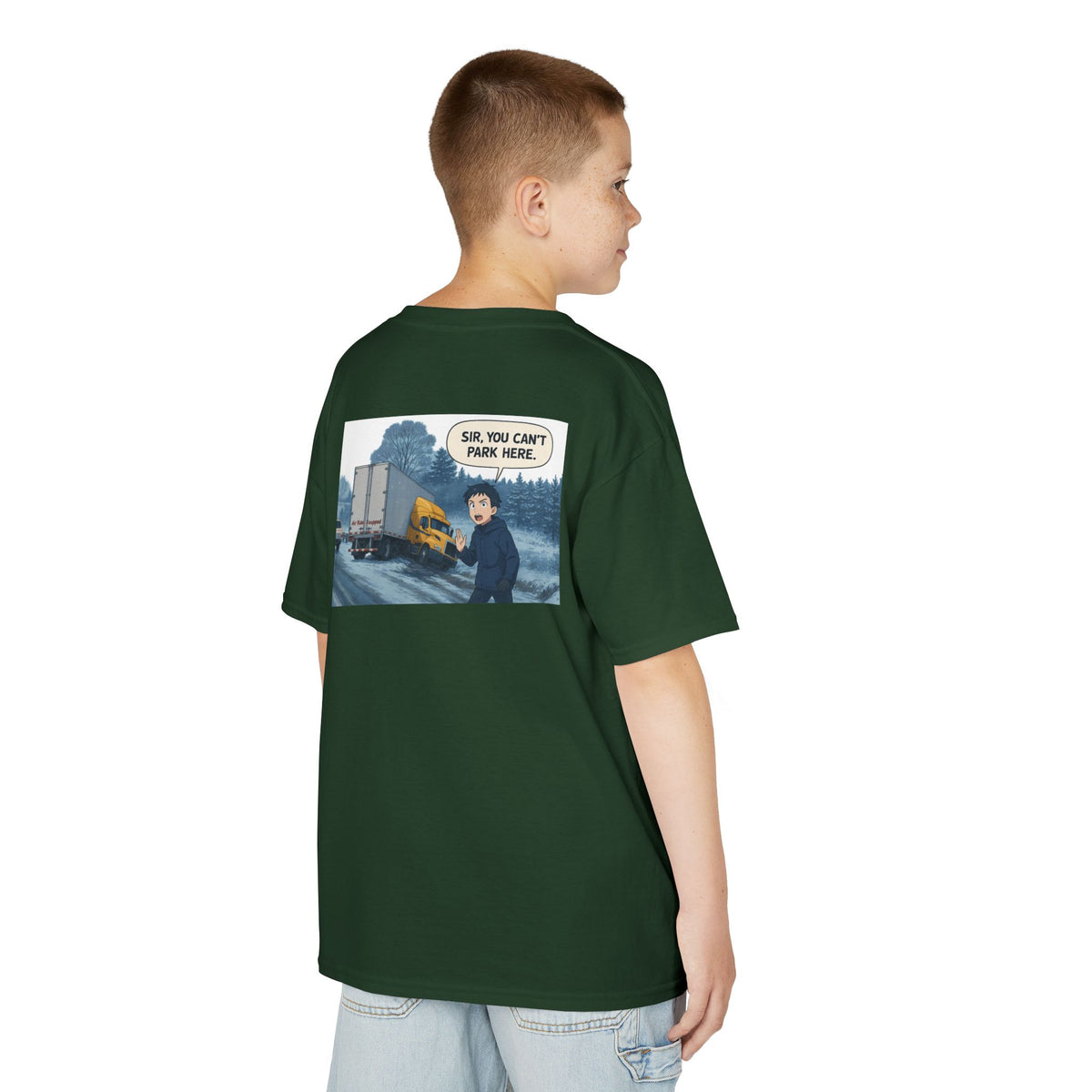Kids heavy cotton tee by Printify featuring a humorous truck parking design, perfect for young adventurers. Red color, XS size.