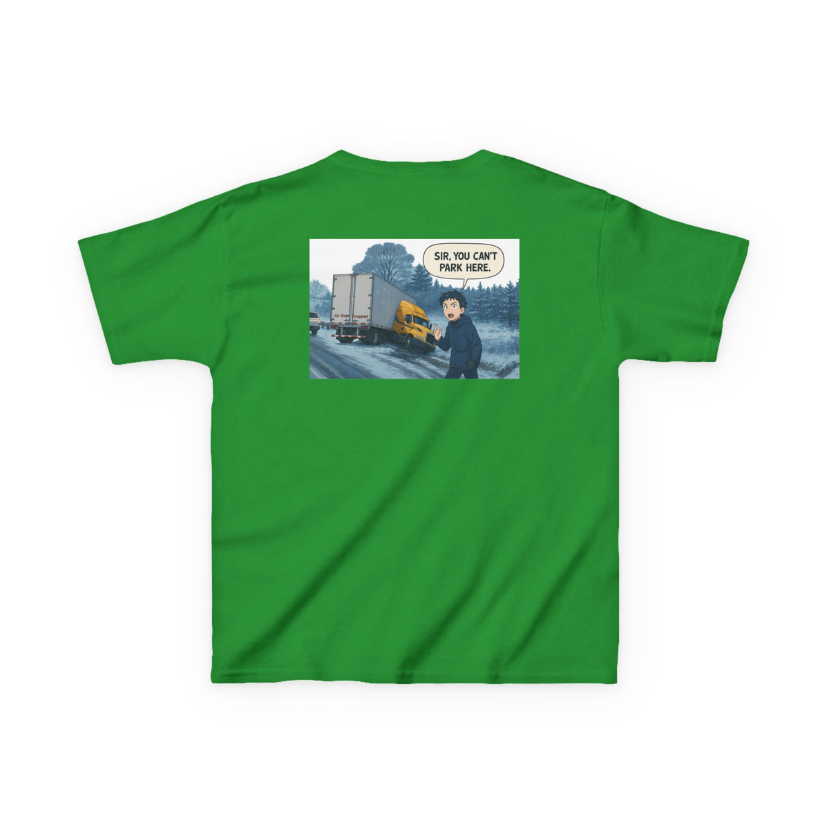 Red kids heavy cotton tee featuring a humorous truck parking design, perfect for young adventurers, by Printify.