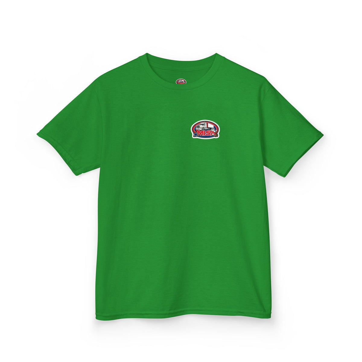 Red kids' heavy cotton truck parking tee by Printify, featuring a humorous design, perfect for young adventurers.