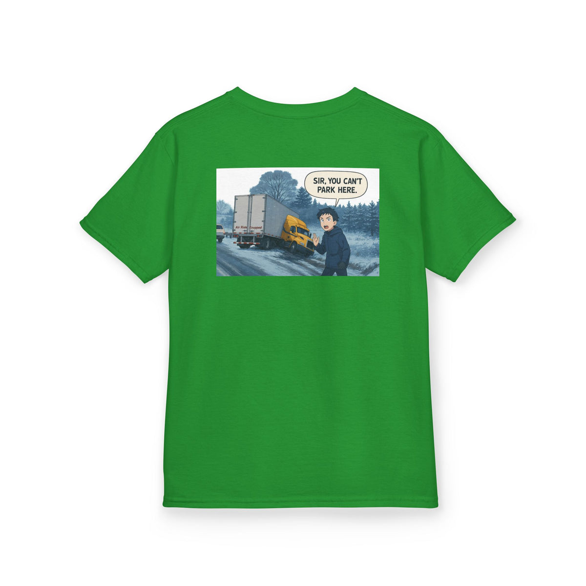 Red kids heavy cotton T-shirt featuring a humorous truck parking design, perfect for young adventurers, by Printify.