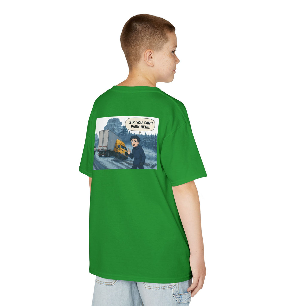 Kids heavy cotton tee with humorous truck parking graphic, red color, perfect for young adventurers, by Printify.