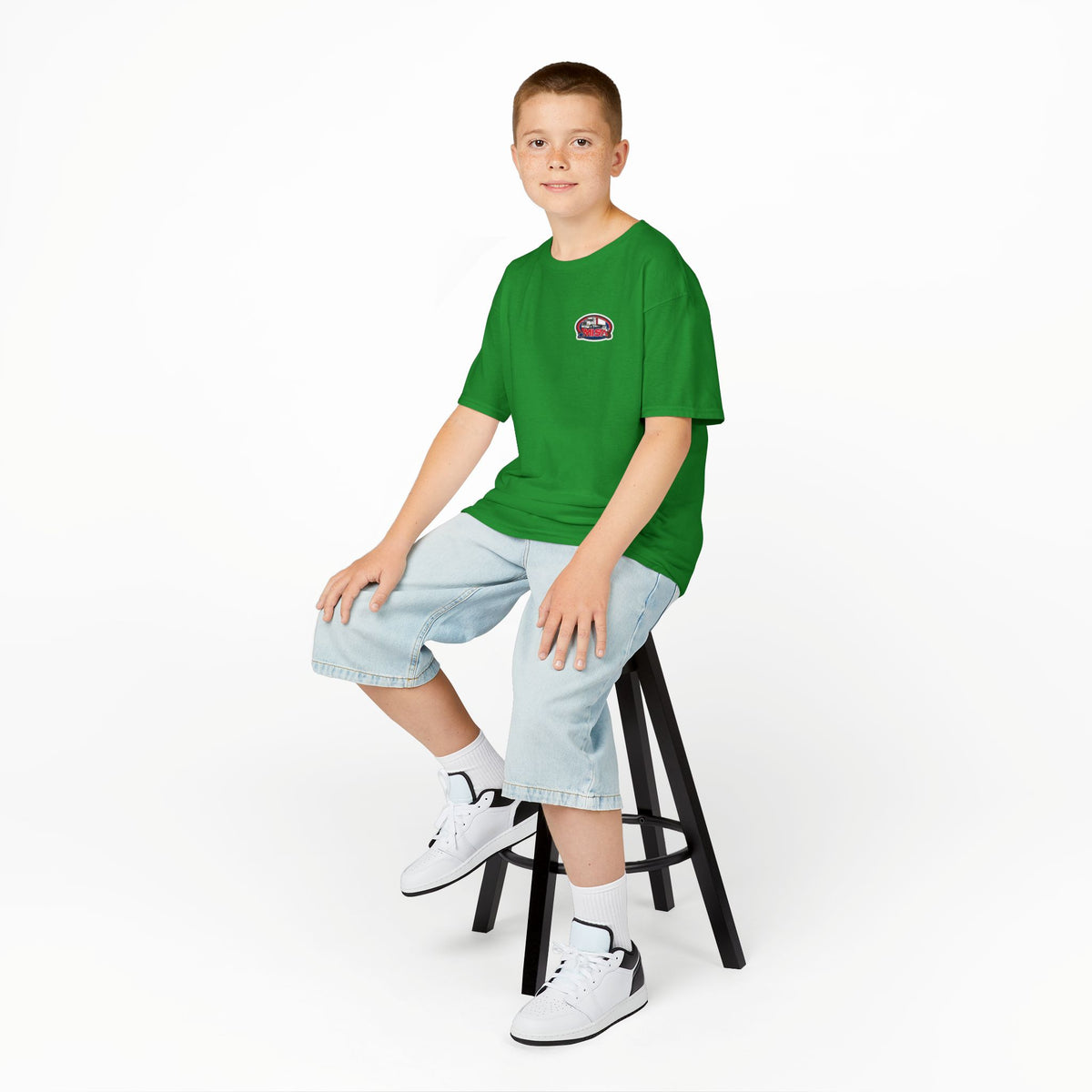 Red kids heavy cotton tee with humorous truck parking graphic, perfect for young adventurers, by Printify.