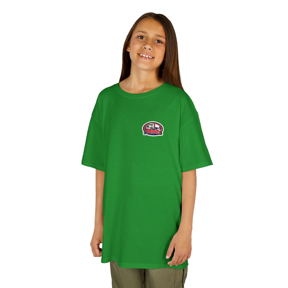 Kids heavy cotton tee featuring a humorous truck parking design, ideal for young adventurers, by Printify. Bright red color.