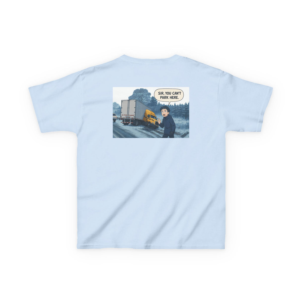 Kids heavy cotton T-shirt with humorous truck parking print, designed for young adventurers, by Printify.