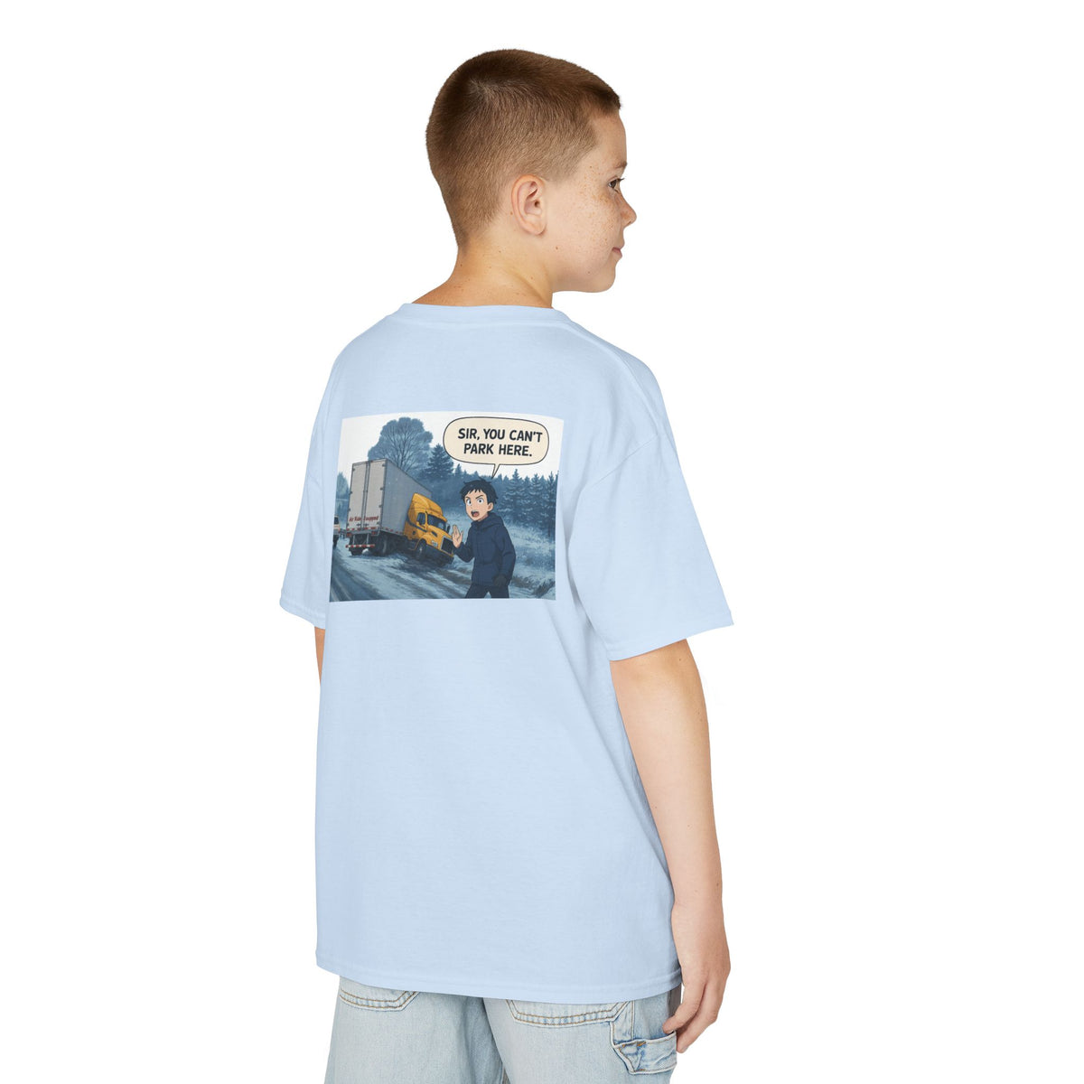Red kids heavy cotton tee featuring a humorous truck parking design, perfect for young adventurers, by Printify.