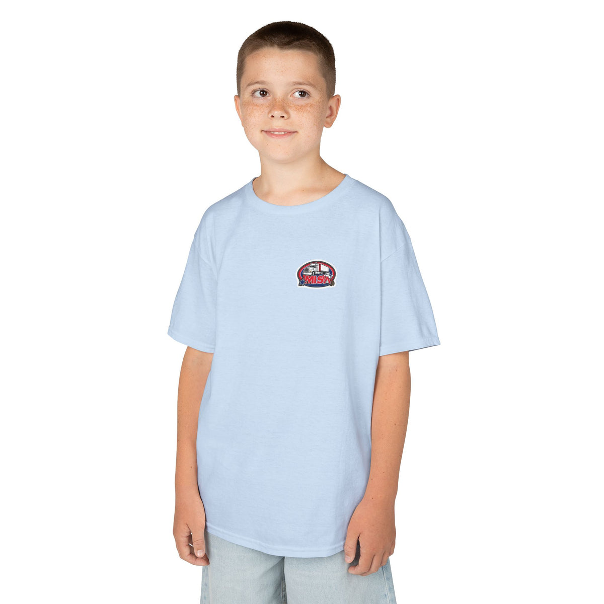 Red kids heavy cotton T-shirt featuring a humorous truck parking design, perfect for young adventurers, by Printify.