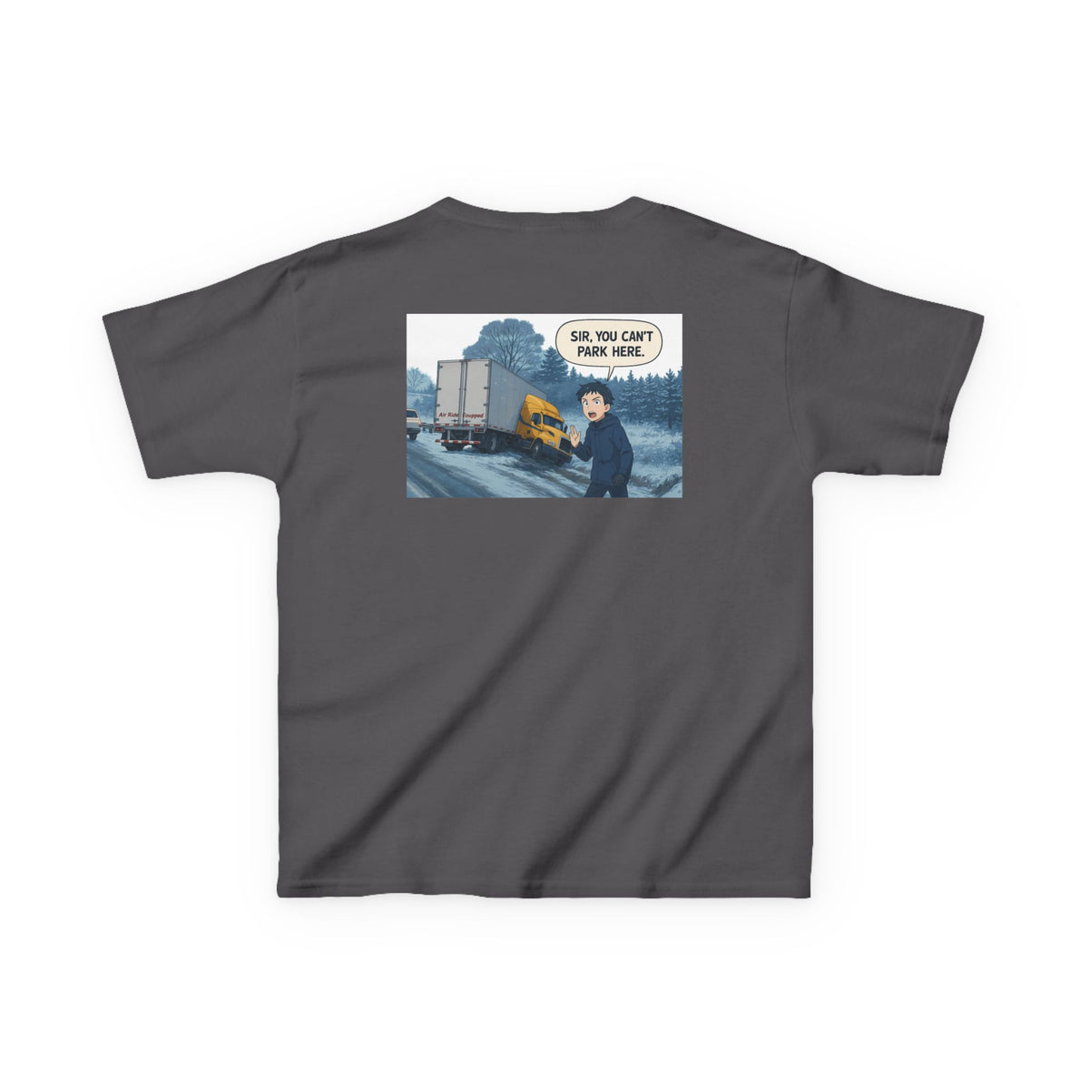 Red kids heavy cotton tee with humorous truck parking graphic, perfect for young adventurers, by Printify.