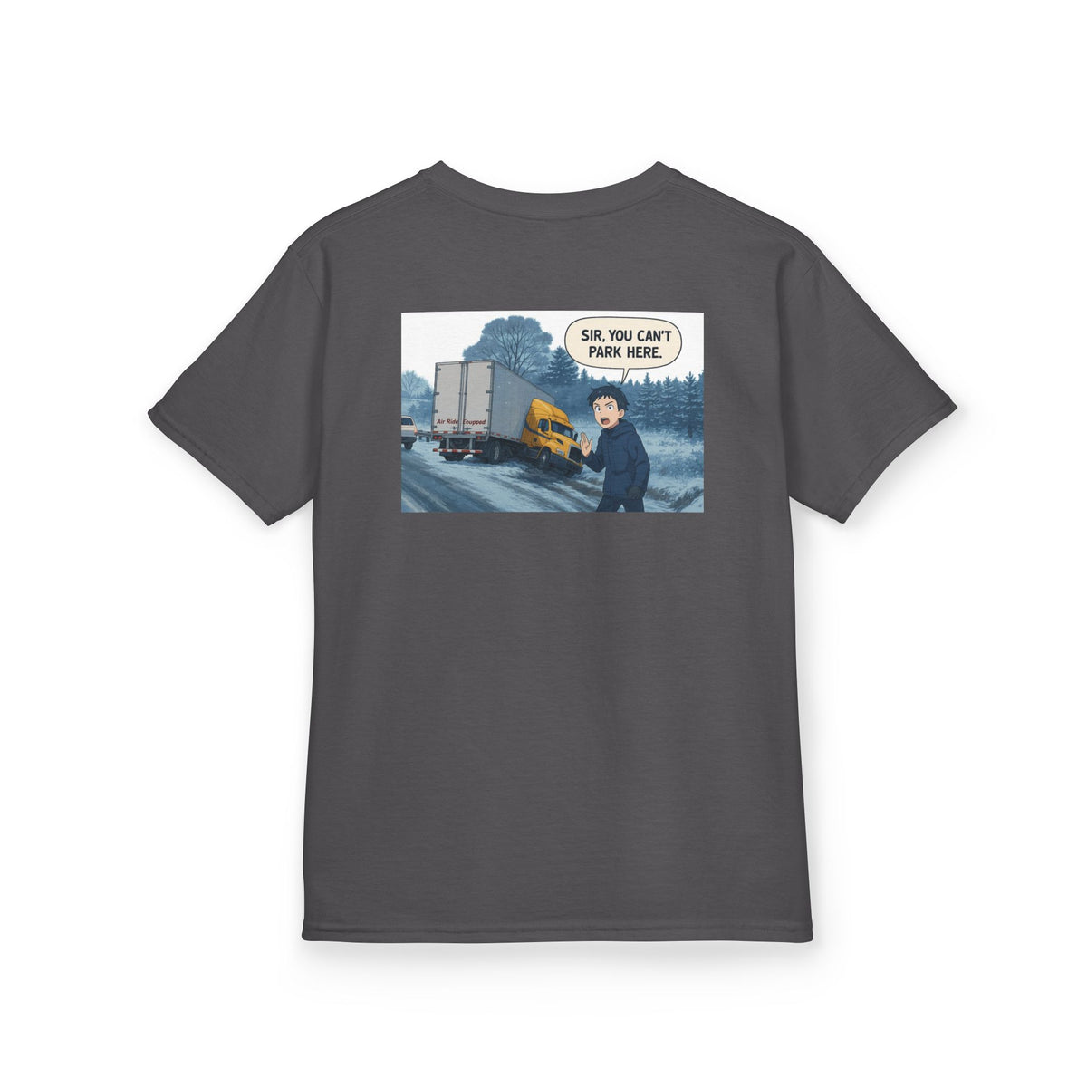 Red kids' heavy cotton truck parking tee by Printify featuring a humorous design, perfect for young adventurers.