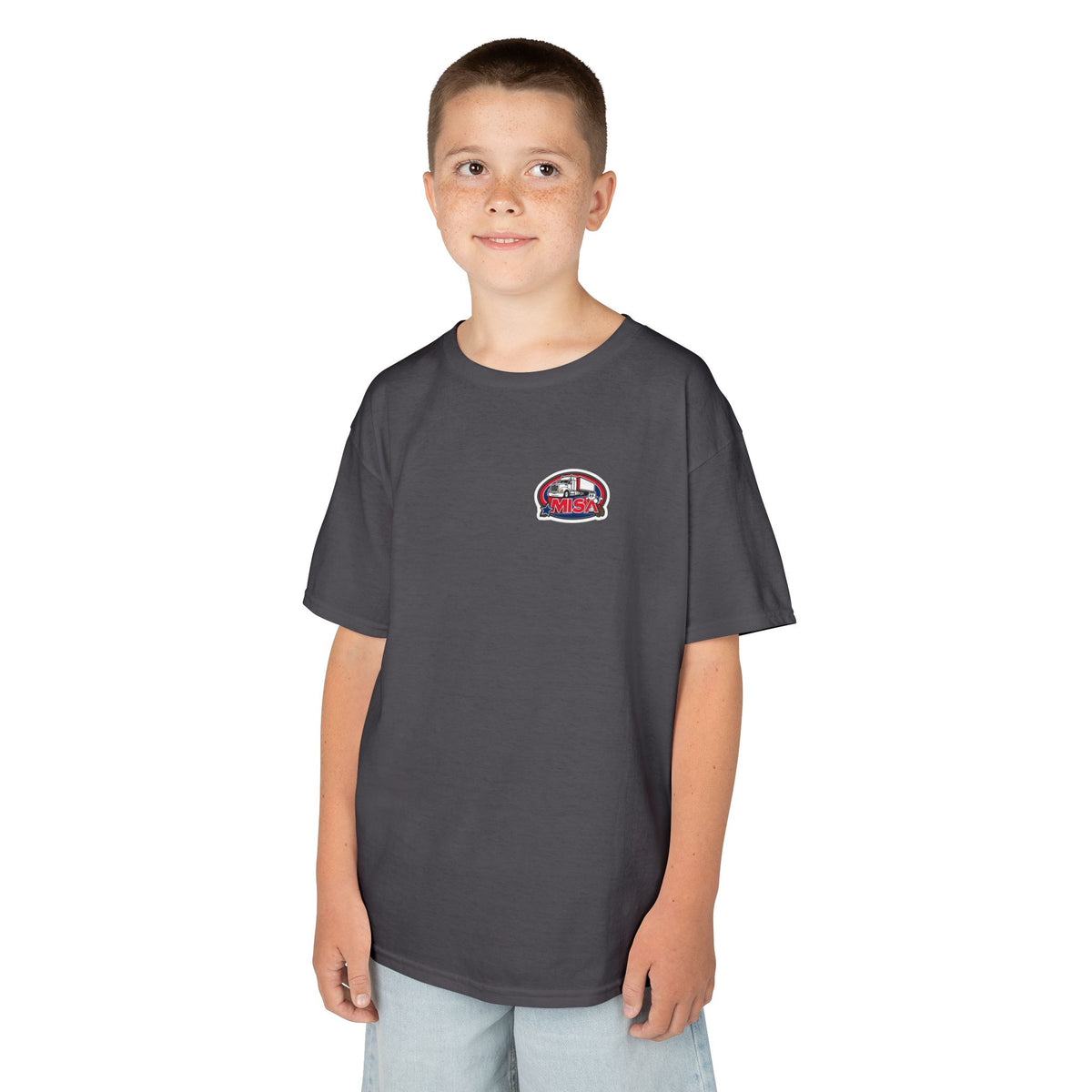 Red kids heavy cotton tee featuring a humorous truck parking design, perfect for young adventurers, by Printify.