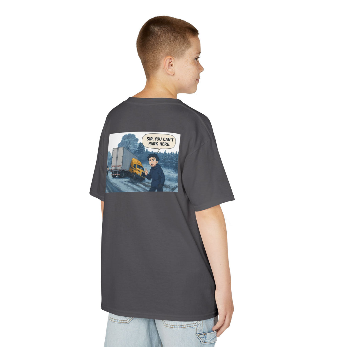 Red kids heavy cotton T-shirt featuring a humorous truck parking design, perfect for young adventurers, by Printify.