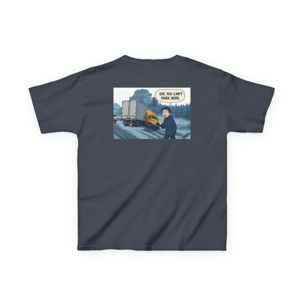 Red kids heavy cotton tee featuring a humorous truck parking design, perfect for young adventurers, by Printify.
