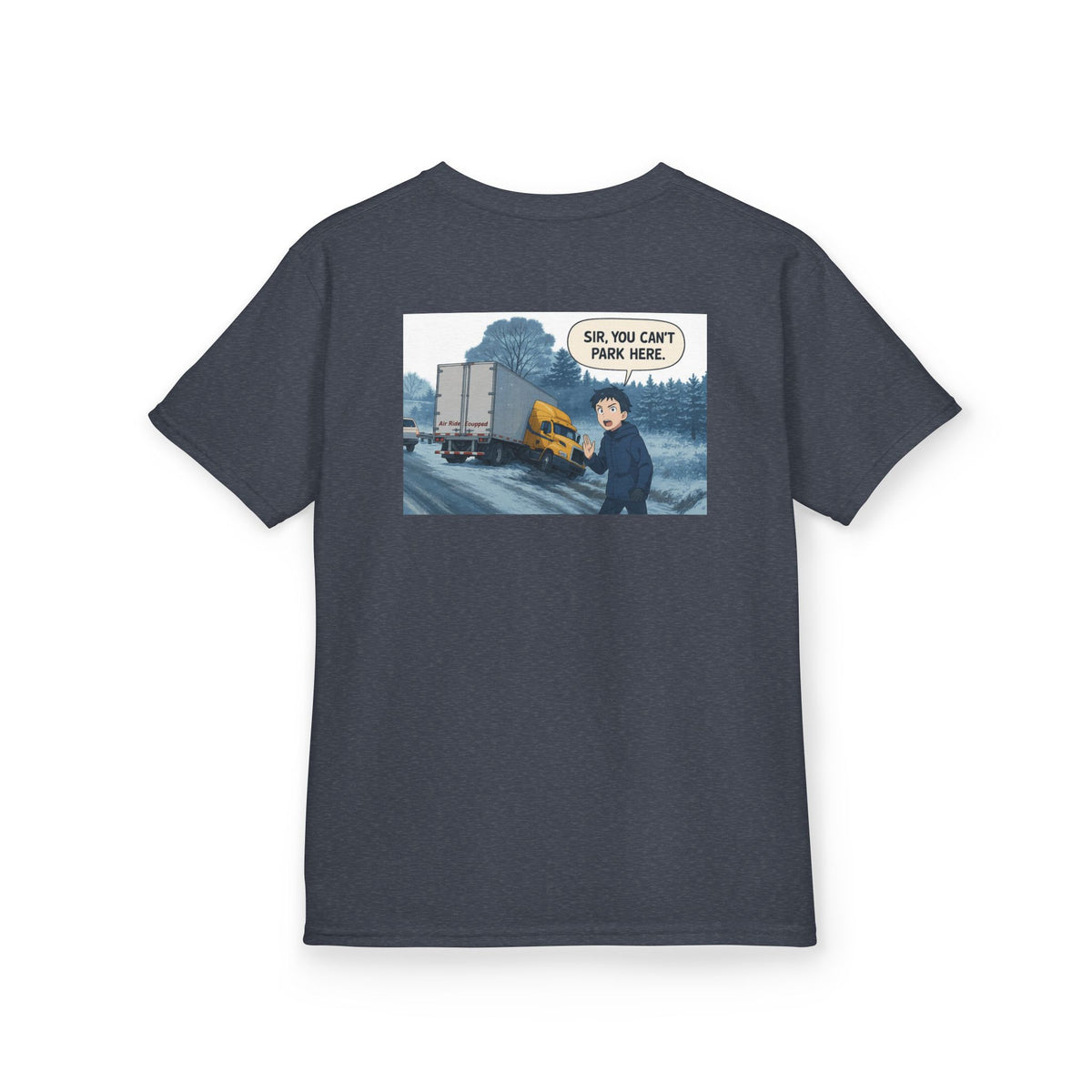Red kids heavy cotton t-shirt featuring a humorous truck parking design, perfect for young adventurers, by Printify.