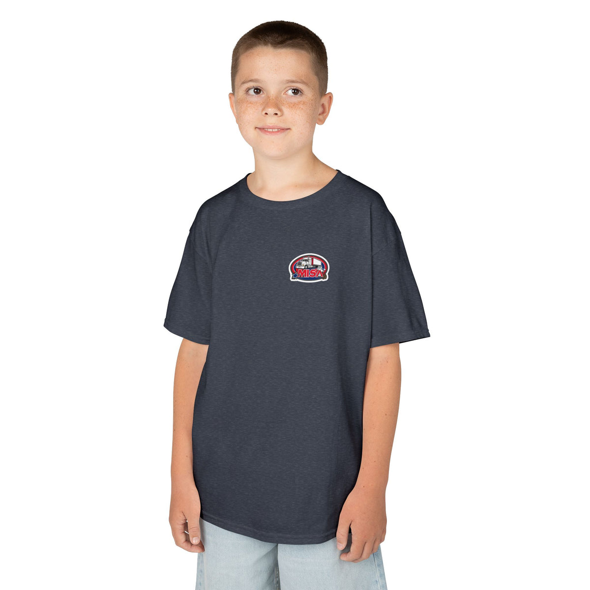 Red kids heavy cotton tee with humorous truck parking graphic, perfect for young adventurers, by Printify.