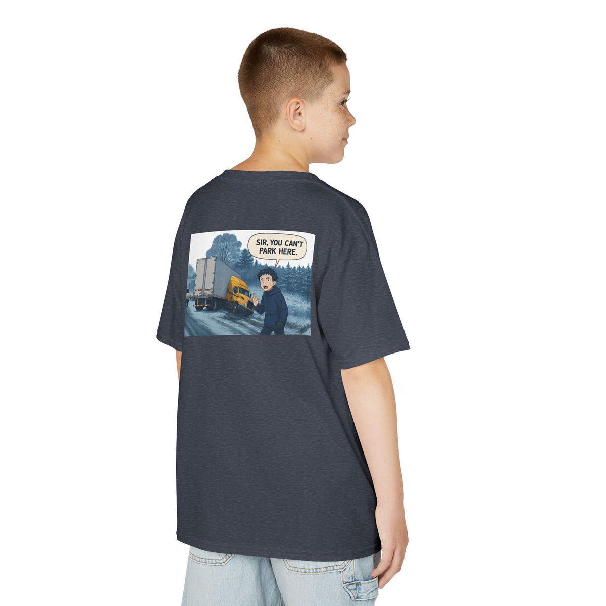 Red kids heavy cotton tee featuring humorous truck parking design, perfect for young adventurers, by Printify.