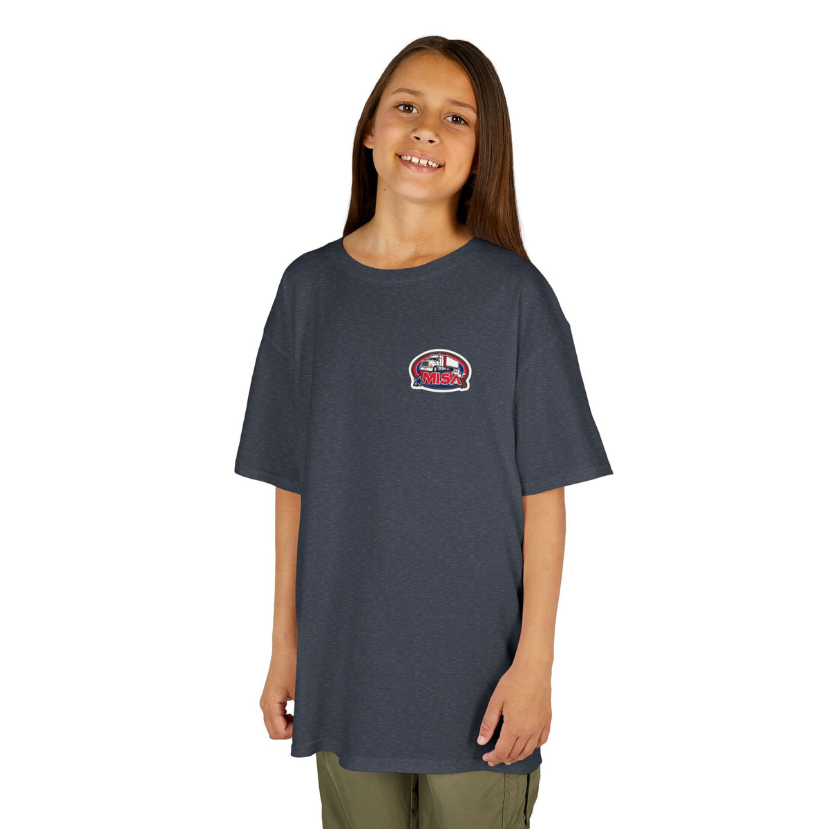 Kids heavy cotton T-shirt by Printify featuring a humorous truck parking design, ideal for young adventurers, in red.