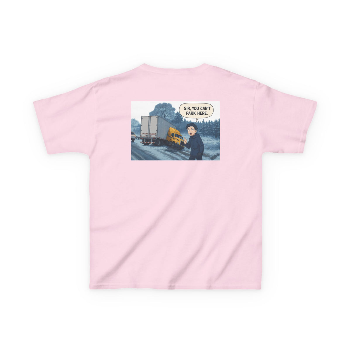 Red kids heavy cotton tee featuring a humorous truck parking design, perfect for young adventurers, by Printify.