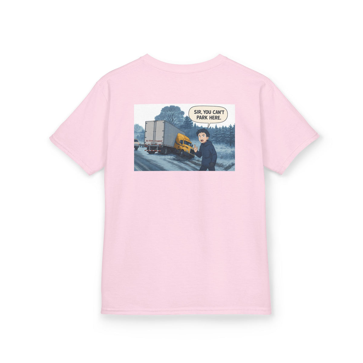 Kids heavy cotton T-shirt featuring a humorous truck parking design, perfect for young adventurers, by Printify.