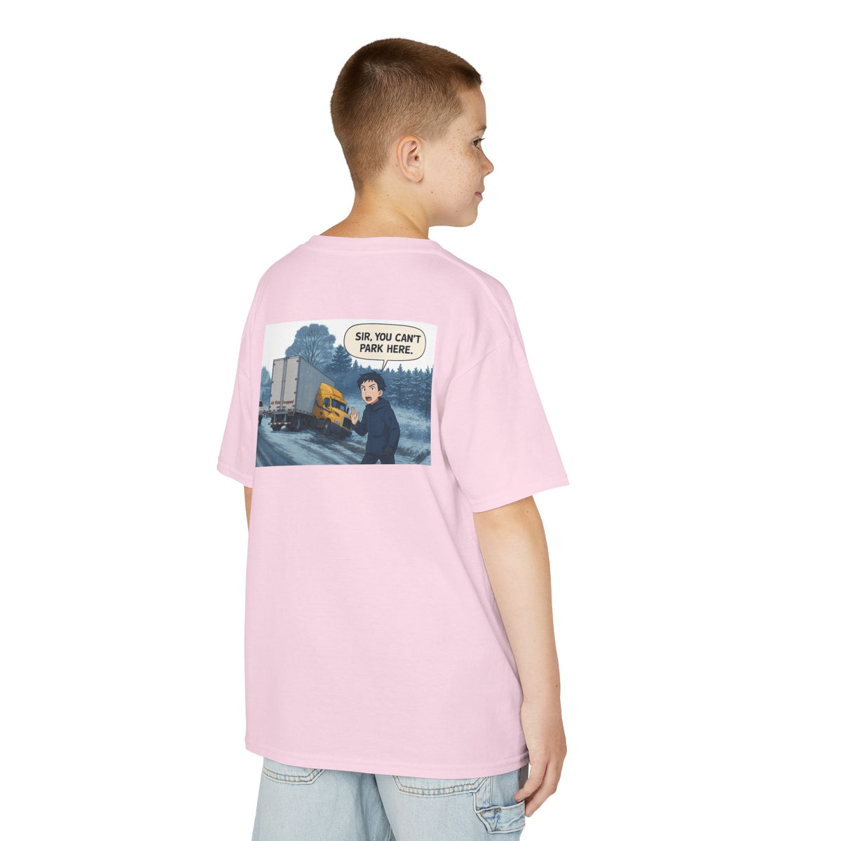 Red kids heavy cotton tee featuring a humorous truck parking design, perfect for young adventurers by Printify.