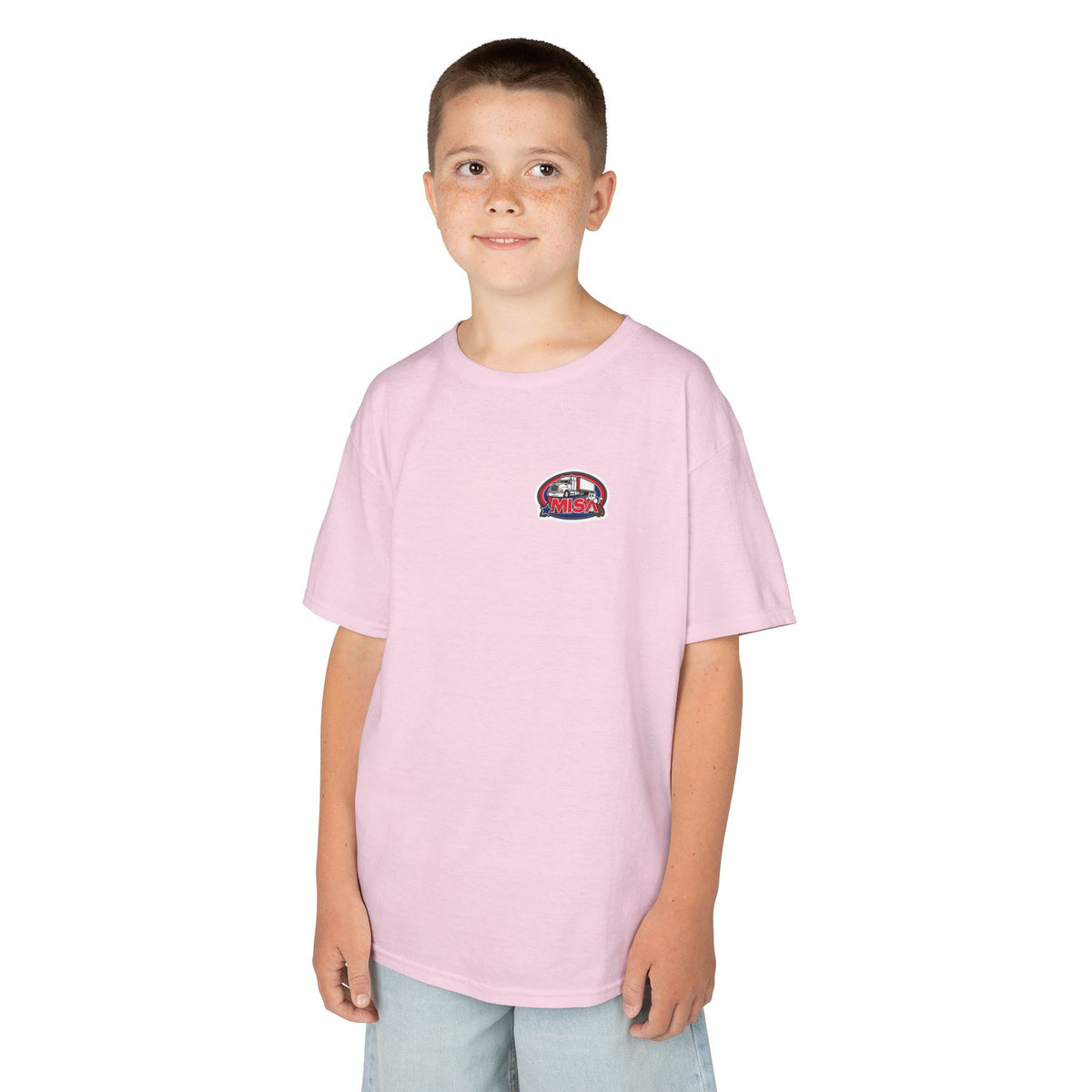 Red kids heavy cotton tee featuring a humorous truck parking design, perfect for young adventurers, by Printify.