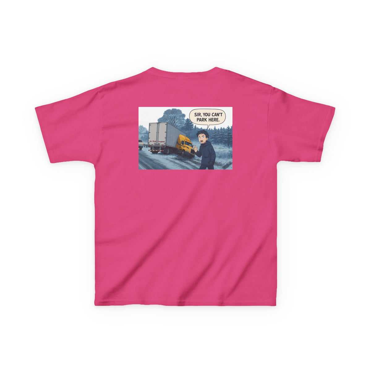 Red kids heavy cotton tee with humorous truck parking design, perfect for young adventurers, from Printify kids clothes collection.