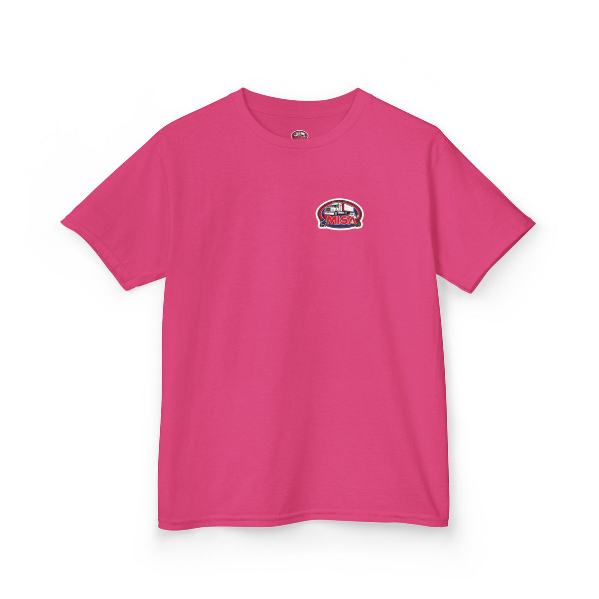 Red kids' heavy cotton tee with humorous truck parking graphic, perfect for young adventurers, by Printify.