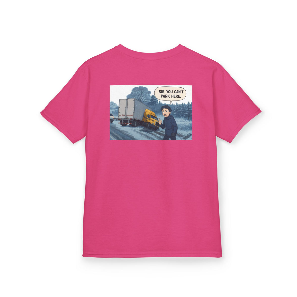 Red kids' heavy cotton tee with humorous truck parking print, perfect for young adventurers, by Printify.