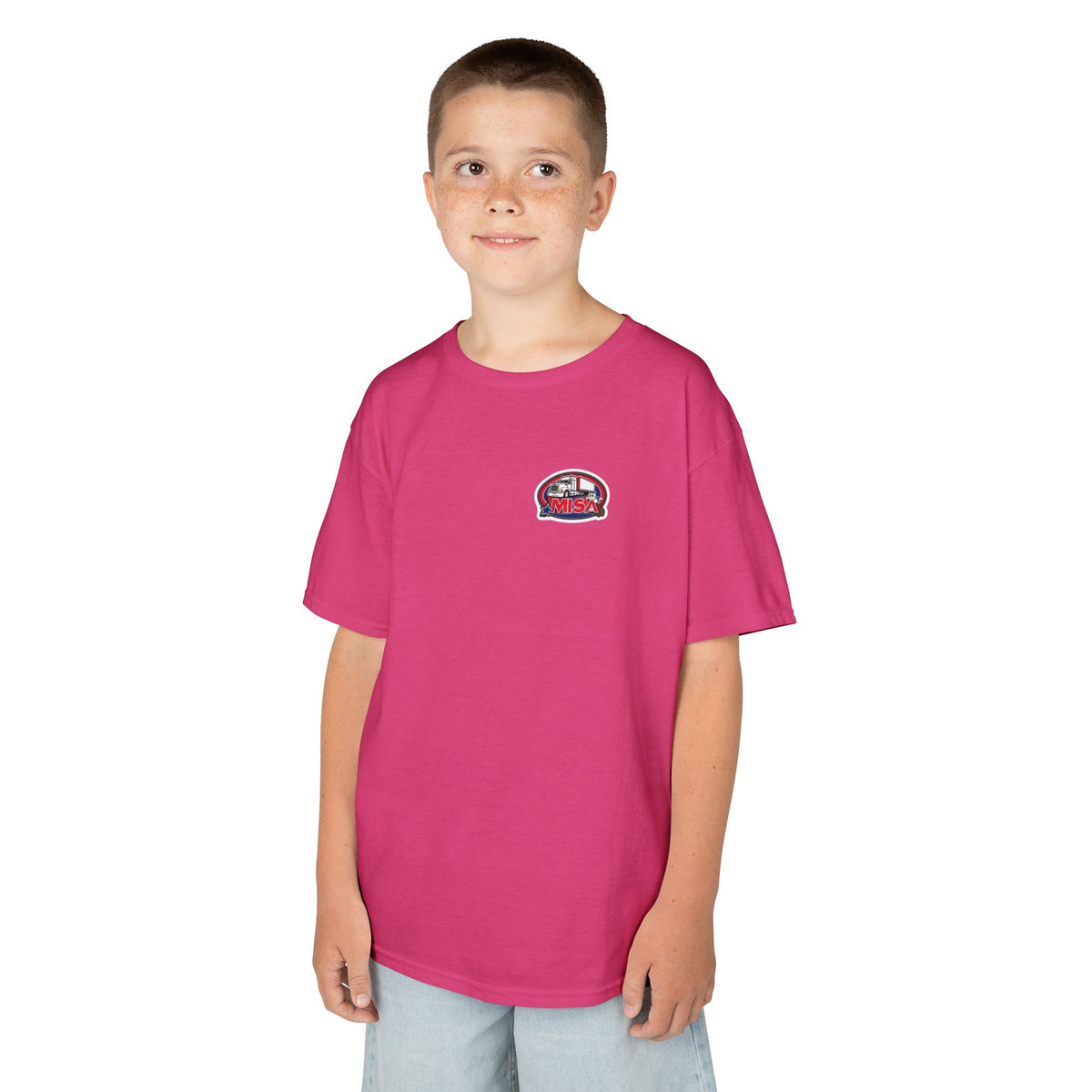 Kids heavy cotton T-shirt by Printify featuring a humorous truck parking design for young adventurers, red color, size XS.