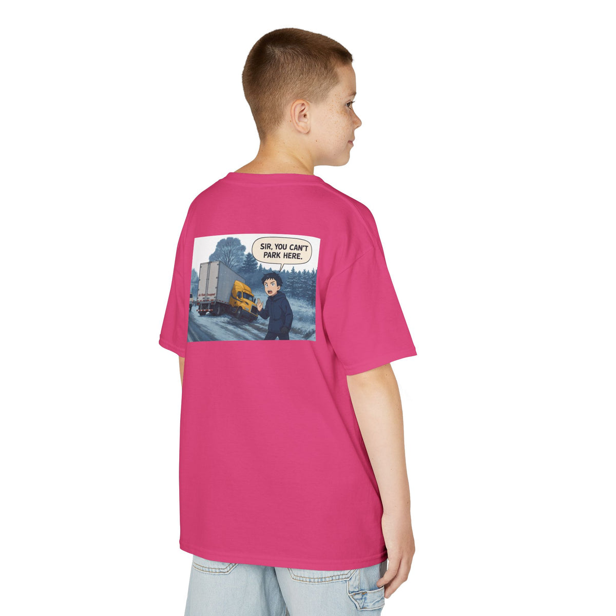 Kids heavy cotton T-shirt by Printify featuring a humorous truck parking design, perfect for young adventurers.