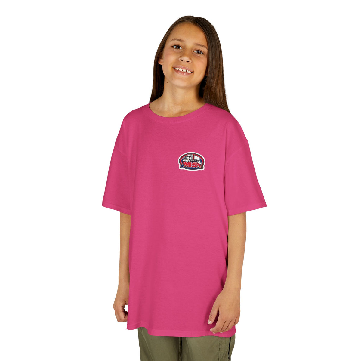 Red kids heavy cotton tee with humorous truck parking design, perfect for young adventurers, by Printify.