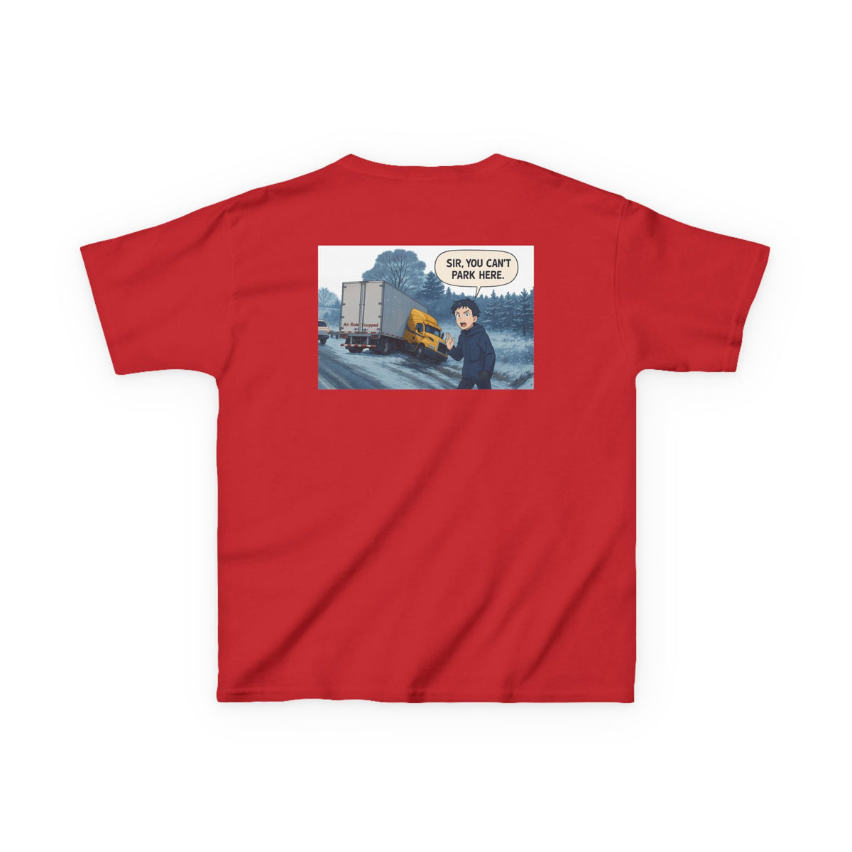 Red kids heavy cotton tee with humorous truck parking graphic, ideal for young adventurers, by Printify.