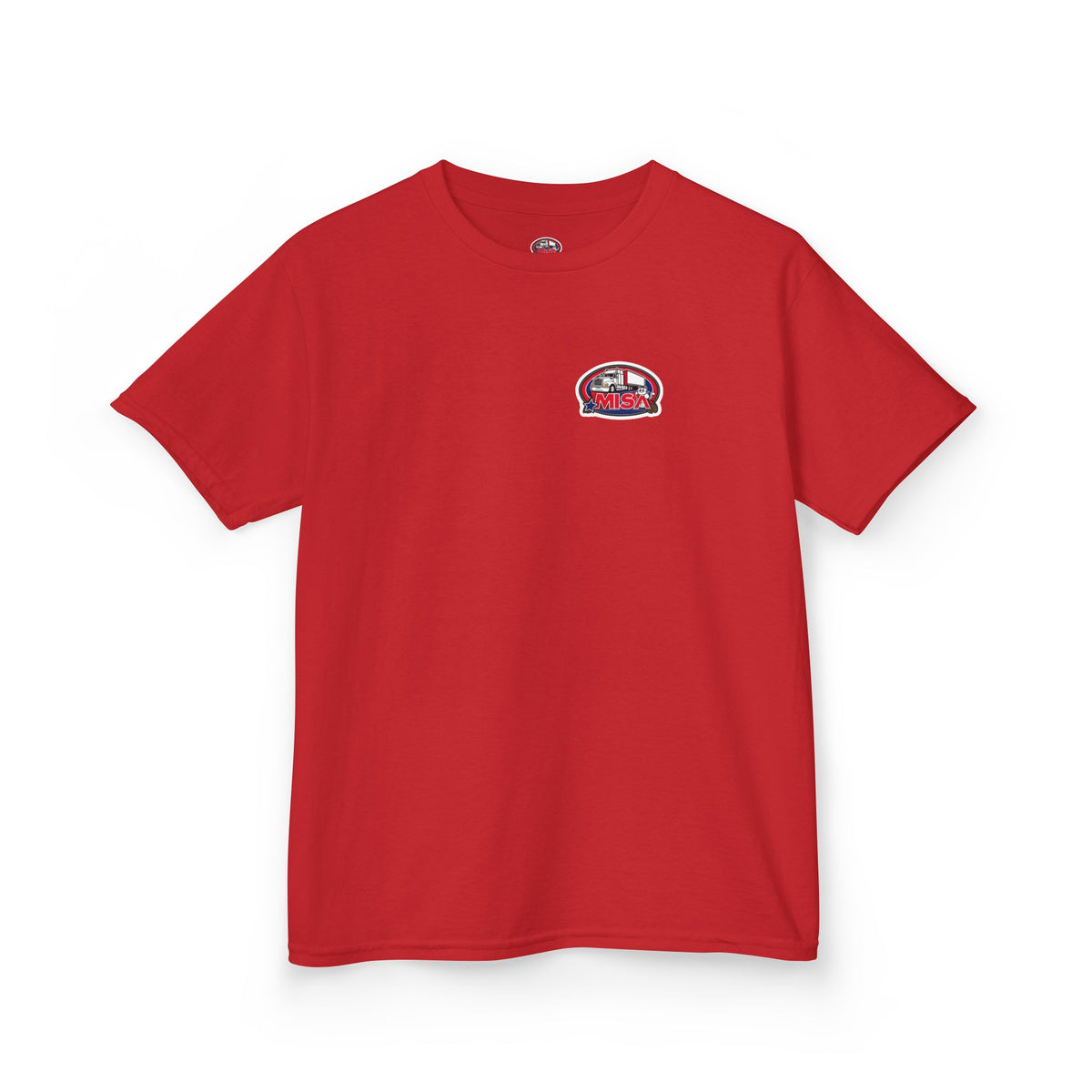 Red kids heavy cotton tee with humorous truck parking graphic, perfect for young adventurers, by Printify.