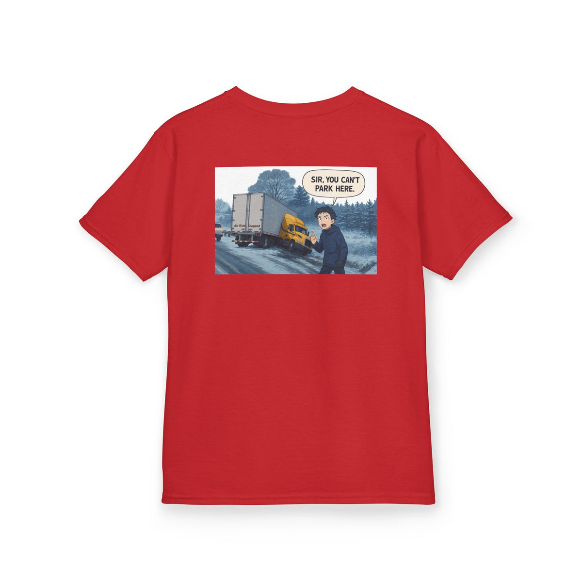 Red kids' heavy cotton truck parking T-shirt with humorous print, perfect for young adventurers, by Printify.