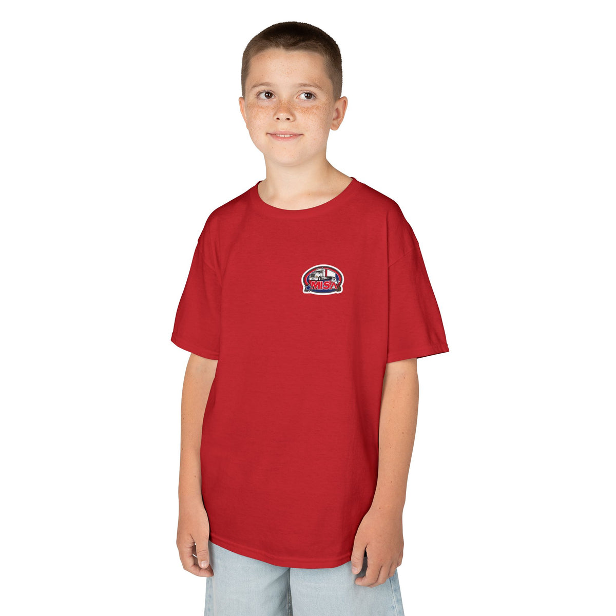 Red kids heavy cotton tee featuring a humorous truck parking graphic, perfect for young adventurers, by Printify.