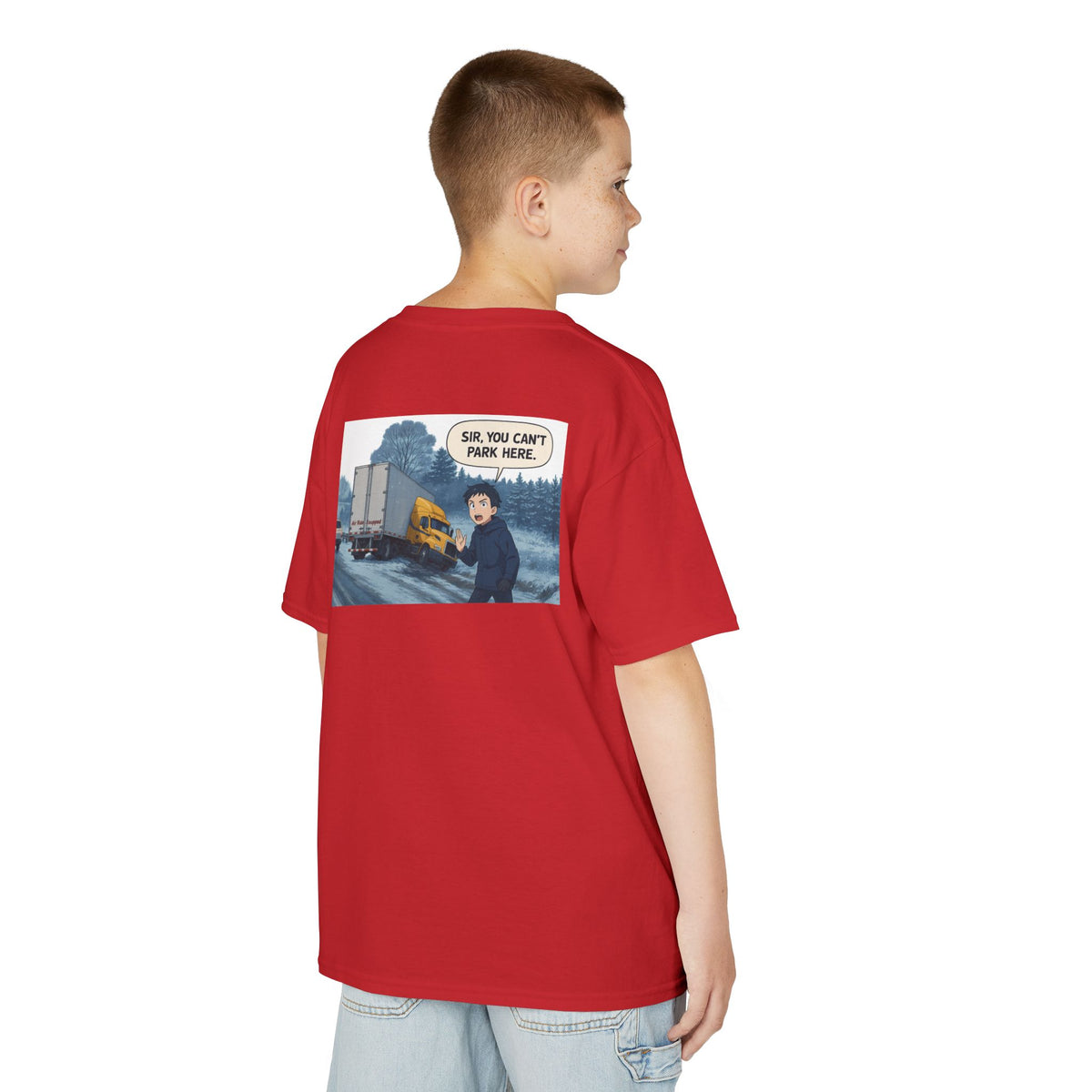 Red kids heavy cotton truck parking tee by Printify, featuring a humorous truck design for young adventurers.