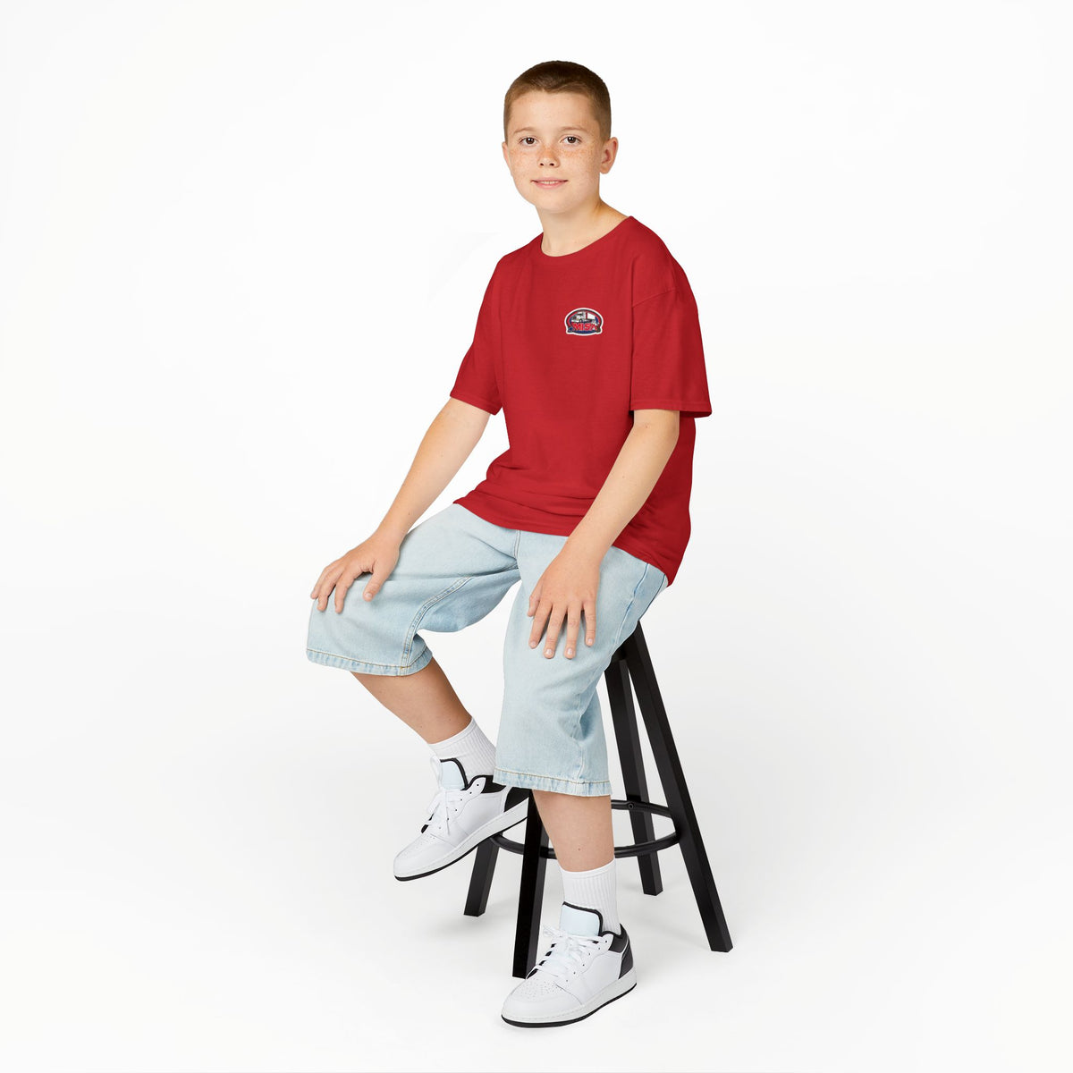 Red kids' heavy cotton truck parking tee by Printify featuring a humorous design for young adventurers.