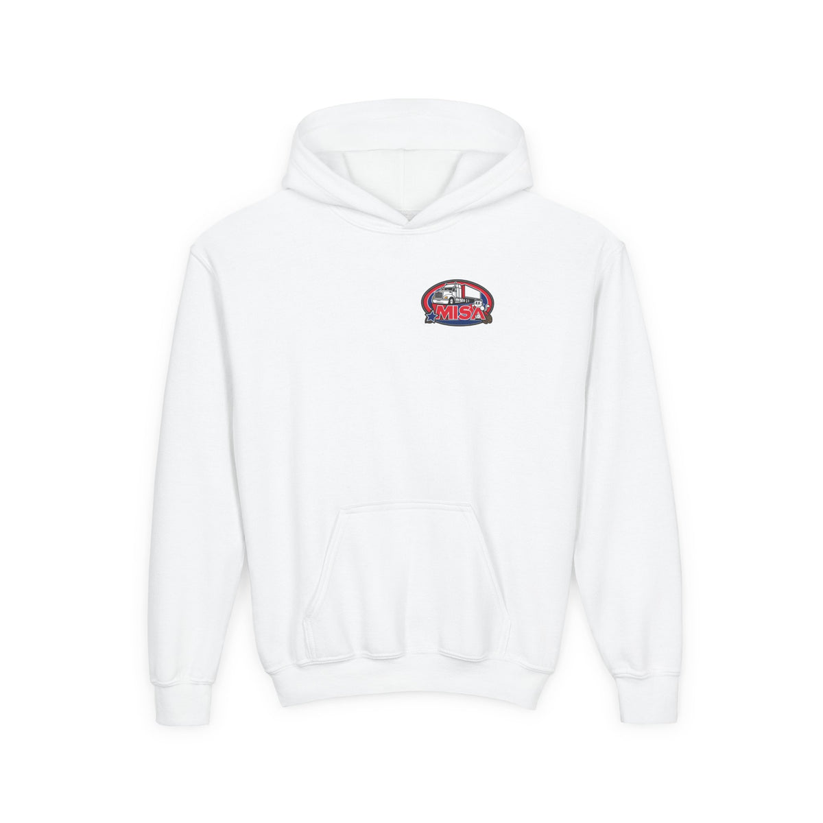 Youth hoodie with truck graphic, blue print, casual kids' clothing from Printify, perfect for kids and teens.