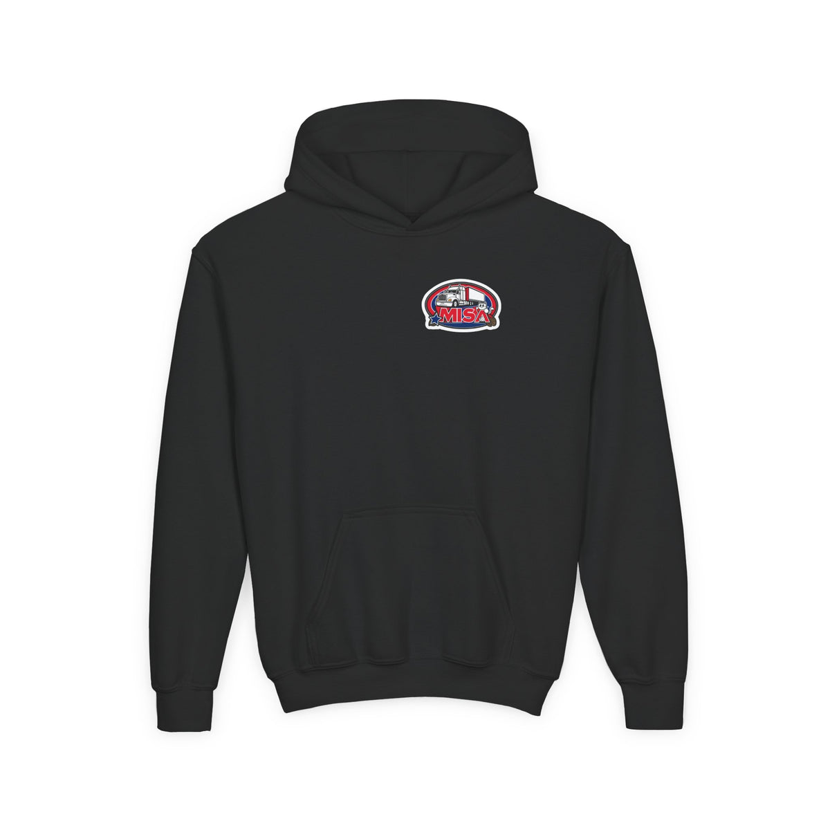 Kids hoodie from Printify featuring a truck graphic in Carolina blue, perfect for kids and teens casual wear.