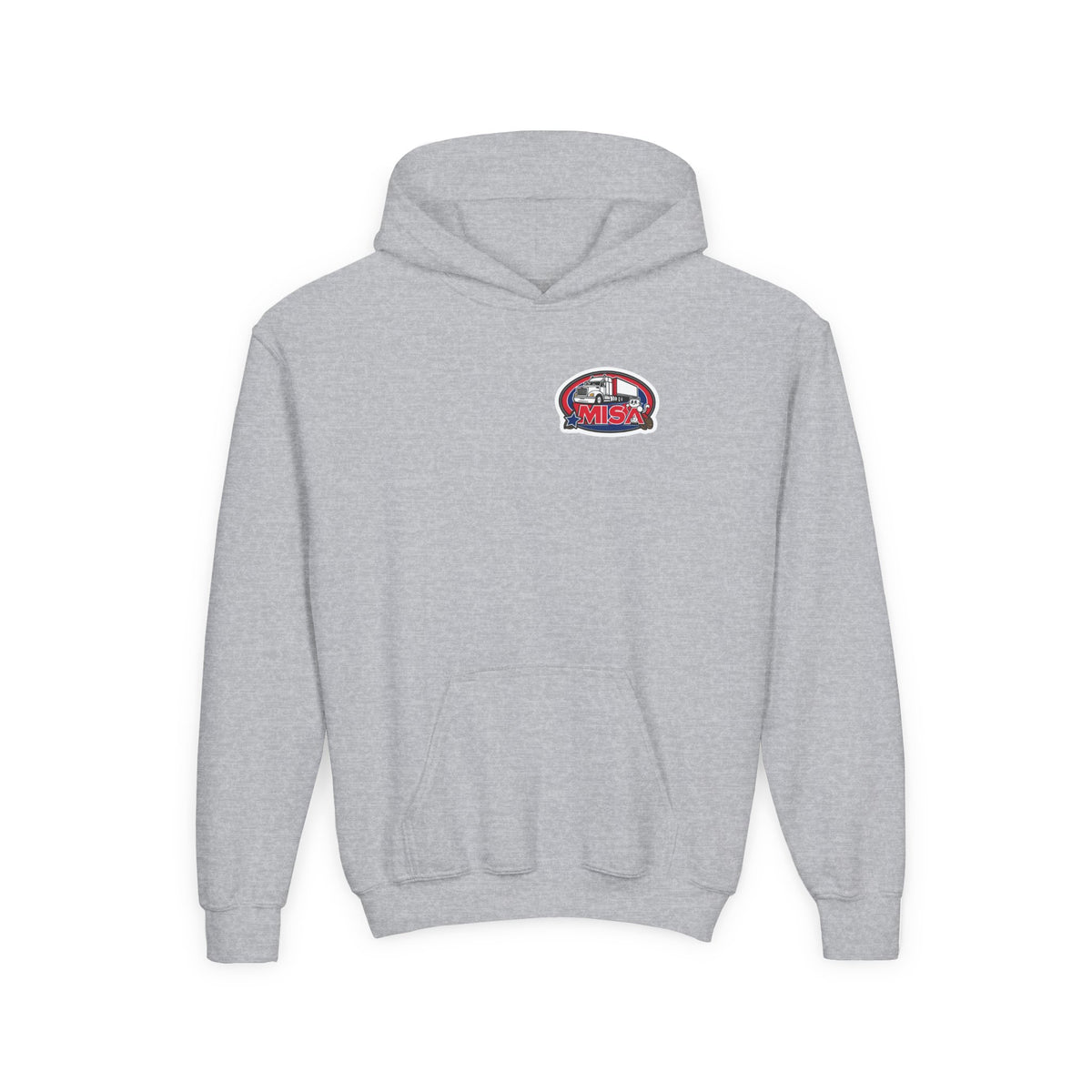 Youth hoodie by Printify featuring a truck graphic, made for kids and teens, in Carolina blue, perfect for casual wear.