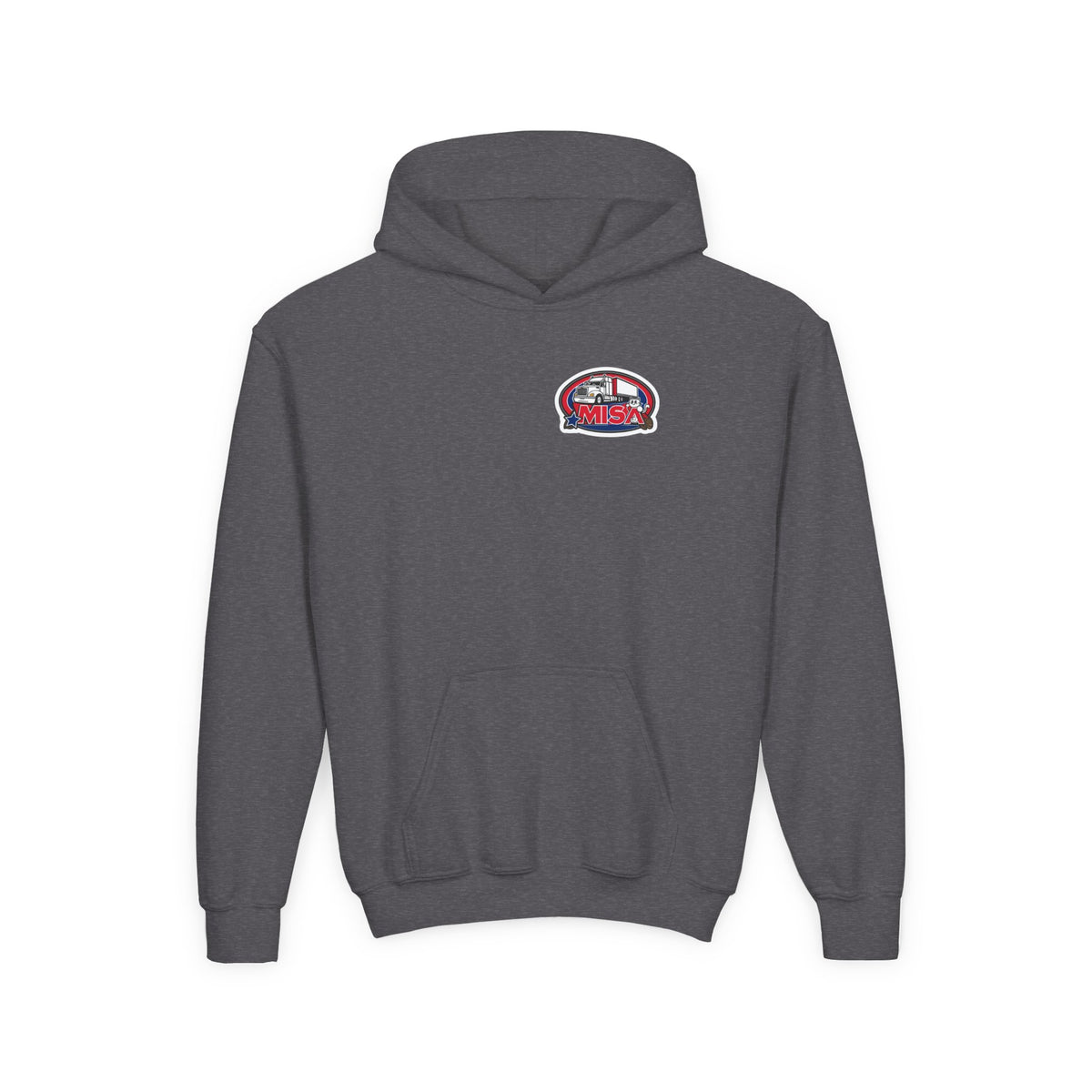 Kids' Carolina blue hoodie by Printify with a funny truck graphic, perfect for kids and teens to wear casually.