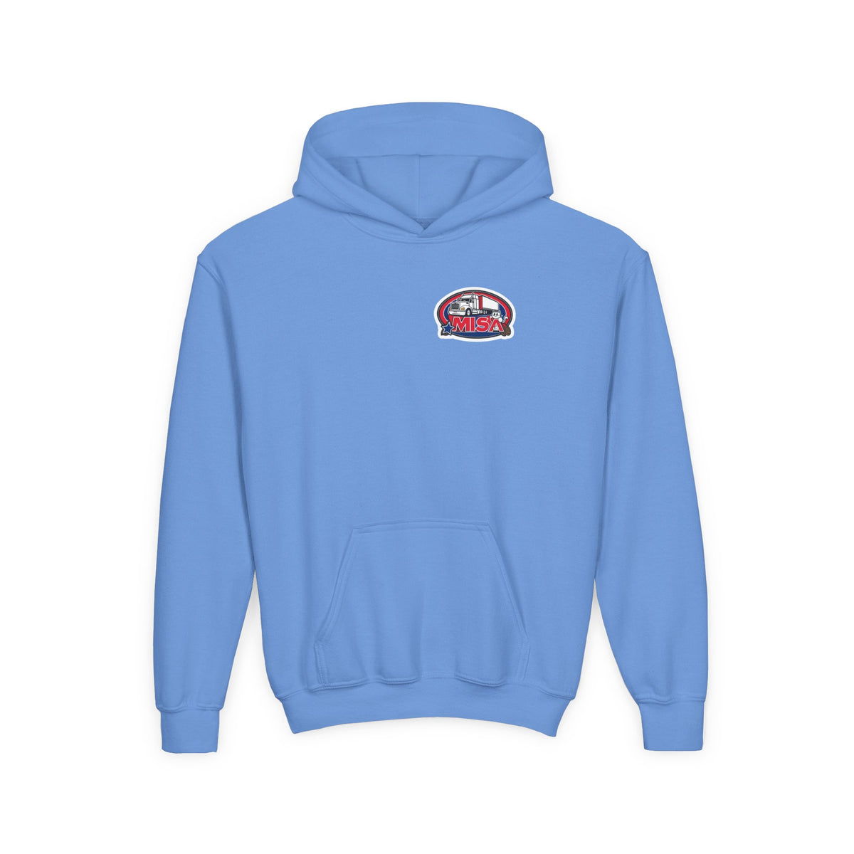 Kids' Carolina blue hoodie by Printify featuring a fun truck graphic, perfect for kids and teens to wear casually.