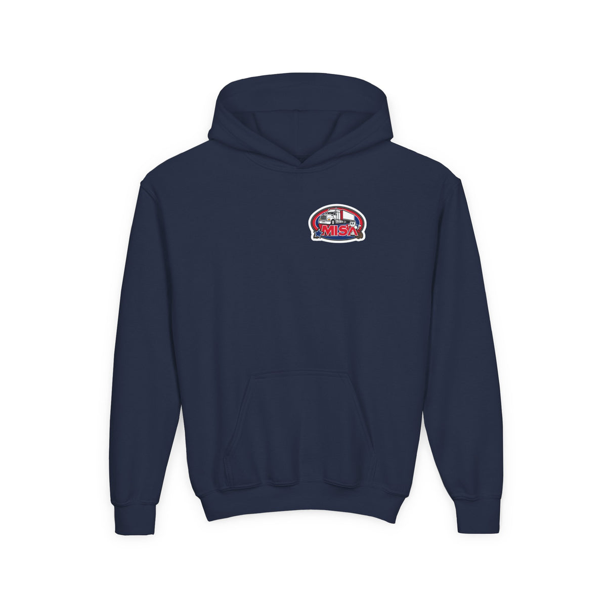 Kids hoodie by Printify featuring a truck graphic on a blue background, perfect for kids and teens.