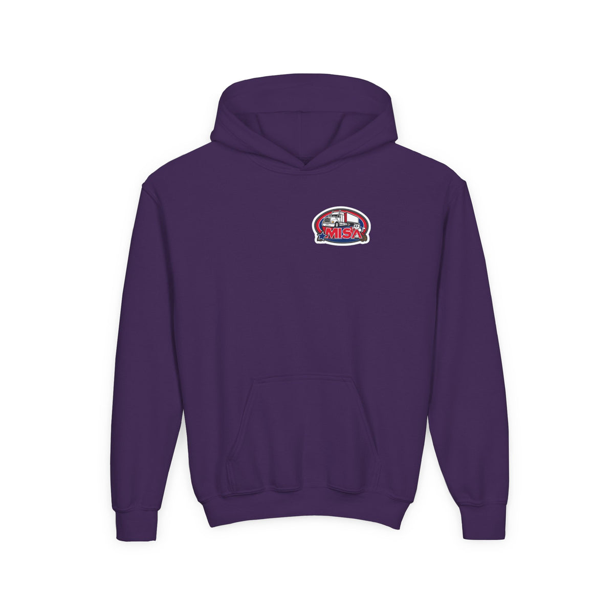 Kids hoodie by Printify featuring a fun truck graphic in Carolina blue, perfect for kids and teens' casual wear.