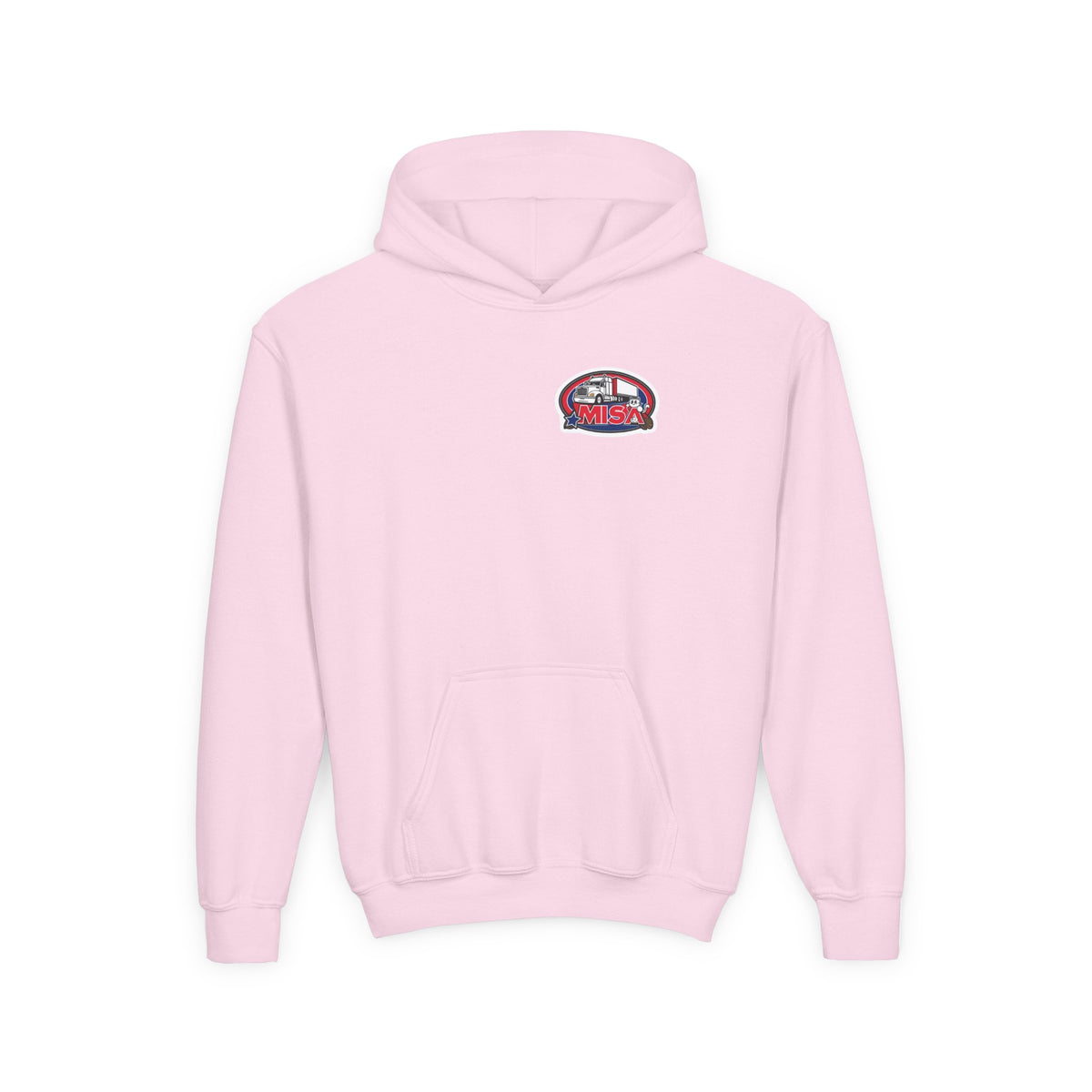 Kids' blue hoodie with a truck graphic, ideal for teens and kids, from Printify, made of comfortable youth clothing material.
