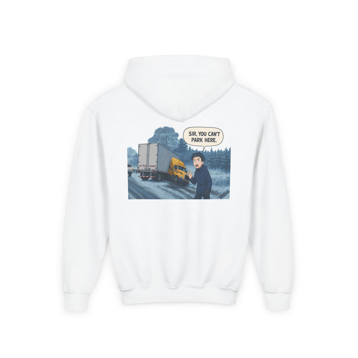 Kids' Carolina blue hoodie by Printify featuring a fun truck graphic, perfect for teens and young kids.