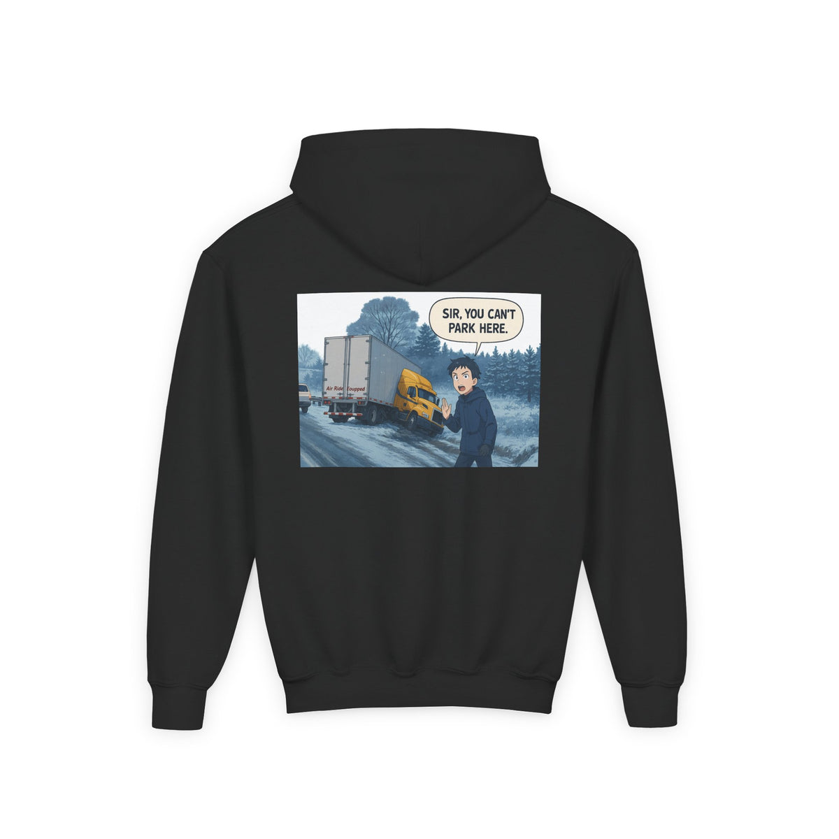 Kids' Carolina blue hoodie with a humorous truck graphic, perfect for teens and young kids, by Printify.